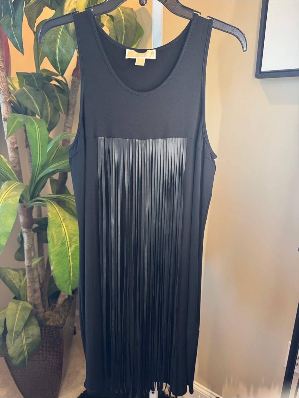 Black faux leather Fringe Tank Dress - Sleeveless Scoop Neck. Size M